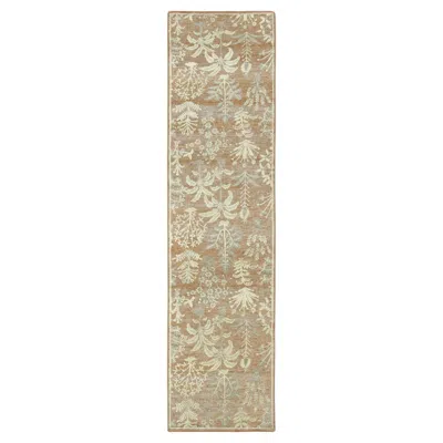 Pre-owned Rug & Kilim Contemporary Block Print Floral Wool Runner By , India In Beige