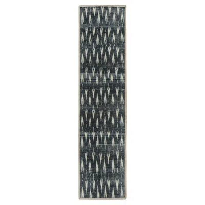 Pre-owned Rug & Kilim Contemporary Block Print Geometric Natural Silk Runner By , India In Black