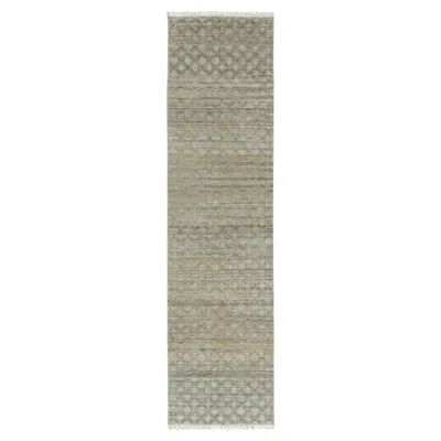 Pre-owned Rug & Kilim Contemporary Block Print Geometric Natural Silk Runner By , India In Gray