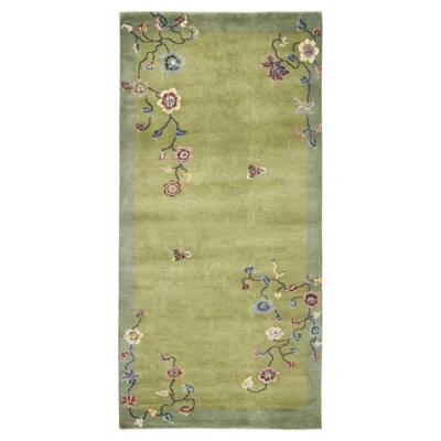 Pre-owned Rug & Kilim Contemporary Chinese Deco Style Floral Green Wool Runner By , India