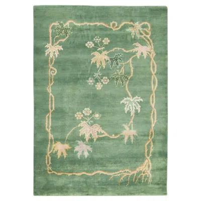 Pre-owned Rug & Kilim Contemporary Chinese Deco Style Green & Gold Floral Wool Rug By