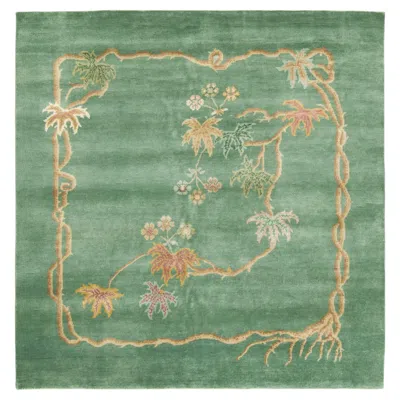 Pre-owned Rug & Kilim Contemporary Chinese Deco Style Green Floral Square Wool Rug By