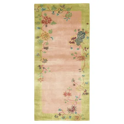Pre-owned Rug & Kilim Contemporary Chinese Deco Style Peach & Celadon Wool Runner By  In Beige