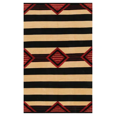 Pre-owned Rug & Kilim 's Contemporary Dhurrie Rug In Black And Red Medallions And Stripes