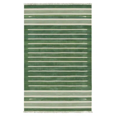 Pre-owned Rug & Kilim 's Contemporary Dhurrie Rug In Green And Off-white Stripes
