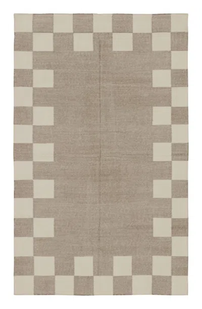 Pre-owned Rug & Kilim 's Contemporary Dhurrie Rug In Taupe And Cream Geometric Pattern In White