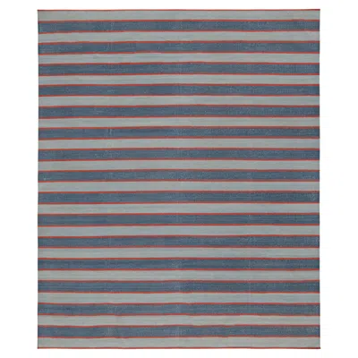 Pre-owned Rug & Kilim 's Contemporary Dhurrie Rug With Blue Stripes And Red Accents
