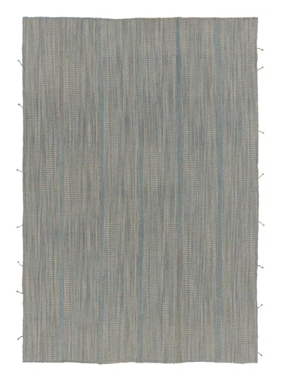 Pre-owned Rug & Kilim 's Contemporary Kilim, Gray Textural Stripes With Blue Accents