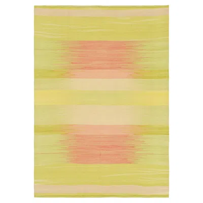 Pre-owned Rug & Kilim 's Contemporary Kilim In Green And Pink Stripes And Geometric Pattern