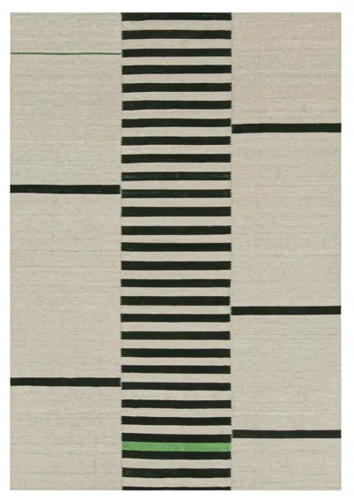 Pre-owned Rug & Kilim 's Contemporary Kilim With Beige And Black Stripes, Green Accents