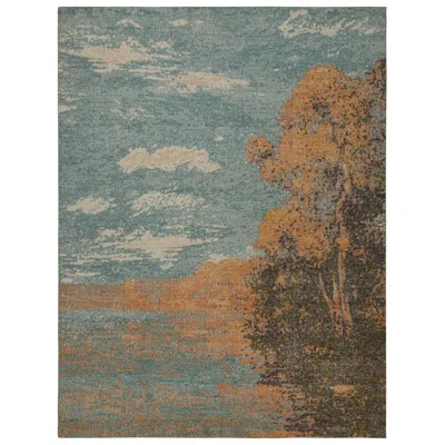 Pre-owned Rug & Kilim 's Contemporary Pictorial Rug In Sky Blue, With Scenery Depiction In Gray