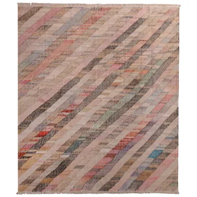 Pre-owned Rug & Kilim Contemporary Striped Kilim Wool Multi-color Geometric Pattern By  In Brown