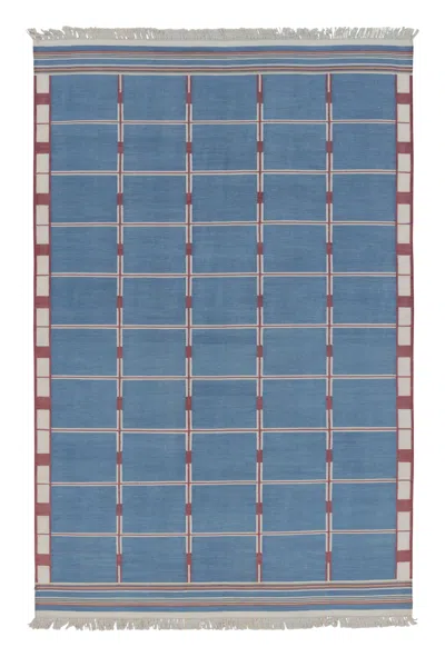 Pre-owned Rug & Kilim 's Dhurrie Indian Rug In Blue, Red And Ivory Geometric Stripes In White