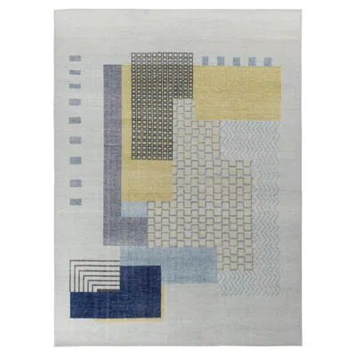 Pre-owned Rug & Kilim 's Distressed Art Deco Style Rug In Blue, Gray Geometric Pattern