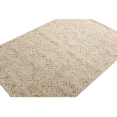 Rug & Kilim 's Distressed Custom Rug In Beige-brown, Blue Geometric Pattern In Blue;brown;beige