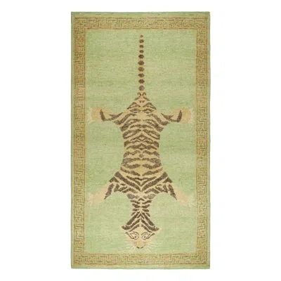 Rug & Kilim 's Distressed Custom Tiger Skin Rug Design In Green With Pictorial In Beige;green