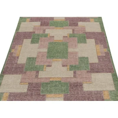 Rug & Kilim 's Distressed Deco Rug In Purple And Green Geometric Pattern In Purple;green