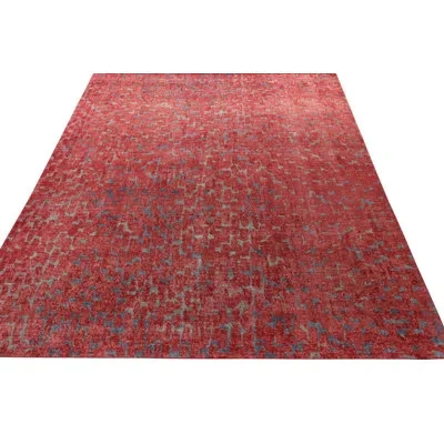 Rug & Kilim 's Distressed Modern Rug In Blue, Red Geometric Pattern In Blue;red