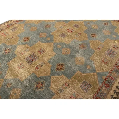 Rug & Kilim 's Distressed Rug In Green And Blue Geometric Pattern In Blue;brown;beige;green
