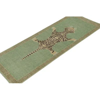 Rug & Kilim 's Distressed Tiger Runner In Green, Beige & Black Pictorial In Black;beige;green
