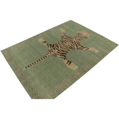 Rug & Kilim 's Distressed Tiger Skin Rug In Green, Beige & Black Pictorial In Black;beige;green