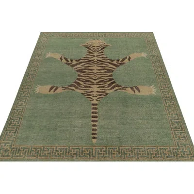 Rug & Kilim 's Distressed Tiger Skin Rug In Green, Beige & Black Pictorial In Black;beige;green