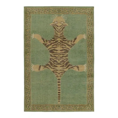Rug & Kilim 's Distressed Tiger Skin Rug In Green, Beige & Black Pictorial In Black;beige;green