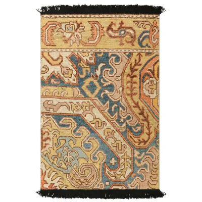 Pre-owned Rug & Kilim 's Dragon Rug In Gold And Blue With Geometric-floral Patterns