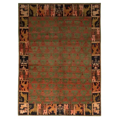 Pre-owned Rug & Kilim 's European Style Rug, Green, Red And Blue, Floral, Pictorial Border