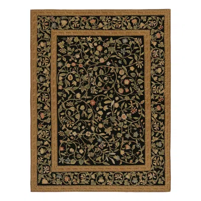 Pre-owned Rug & Kilim 's European Style Rug In Black With Beige And Green Floral Patterns