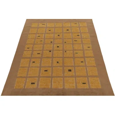 Rug & Kilim 's French Art Deco Rug In Beige-brown With Gold Square Patterns In Brown;beige;gold;green