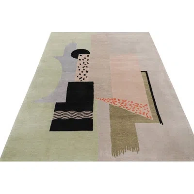 Rug & Kilim 's French Art Deco Style Rug With Green And Beige Geometric Pattern In Brown;beige;pink;silver;gray;green