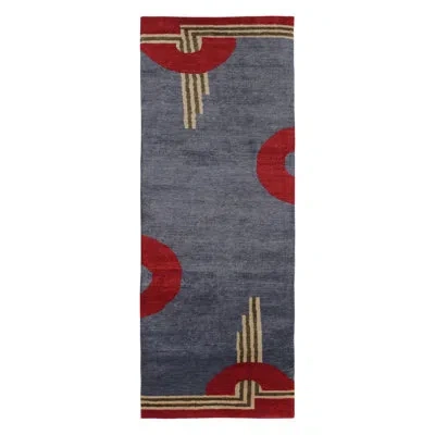 Rug & Kilim 's French Art Deco Style Runner In Gray With Red Geometric Patterns In Beige,brown,silver,gray,pink,red,green,cream,white
