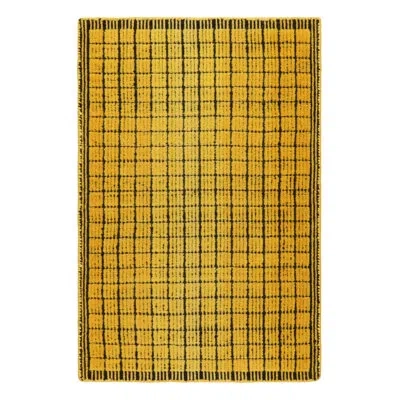 Rug & Kilim 's Gradient Rug In Yellow And Black Ombre Grid And High-low Texture