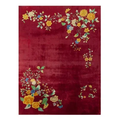 Rug & Kilim Hand-knotted Vintage Chinese Art Deco Rug In Red/gold Floral Pattern In Red;gold