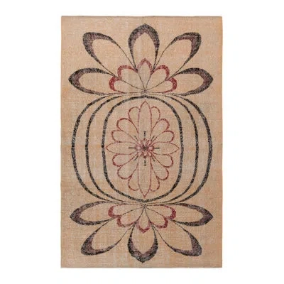 Rug & Kilim Hand-knotted Vintage Mid-century Distressed Rug Beige/black/red/brown Deco Medallion In Black;brown;red;beige
