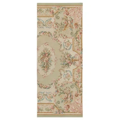 Rug & Kilim Handwoven Aubusson Flat Weave Style Fragment, Green, Pink, Beige Floral Rug In Beige,green,pink