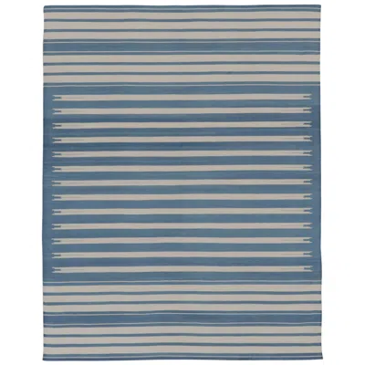 Pre-owned Rug & Kilim 's Indian Dhurrie Rug In Deep Blue And White Stripes