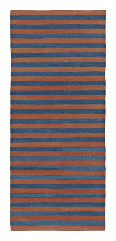 Pre-owned Rug & Kilim 's Indian Dhurrie Runner In Blue And Rust Geometric Stripes