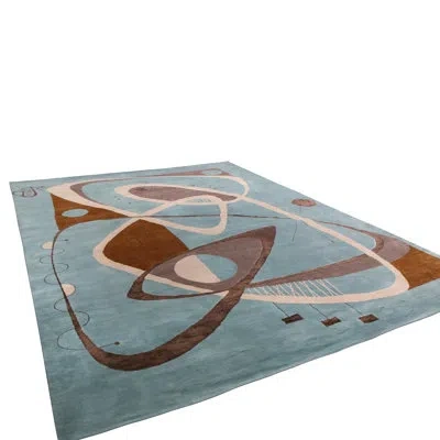 Rug & Kilim 's Mid Century Modern Geometric Blue Brown And Gray Wool And Silk Custom Rug In Blue;red;gray;brow
