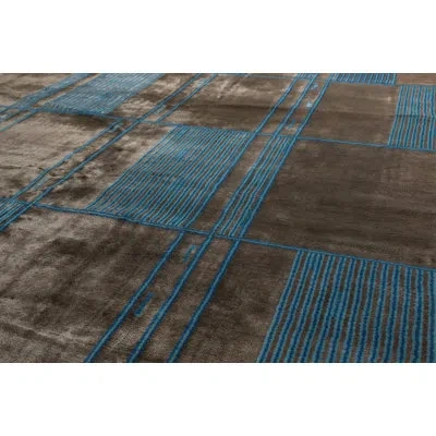 Rug & Kilim 's Mid Century Modern Geometric Brown And Blue Wool And Silk Custom Rug In Blue;brown