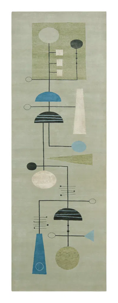 Pre-owned Rug & Kilim 's Mid Century Modern Geometric Green Black And Blue Wool And Silk Cu
