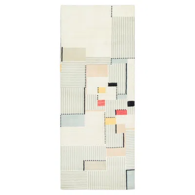 Pre-owned Rug & Kilim Mid-century Modern Geometric White Wool Runner By , India