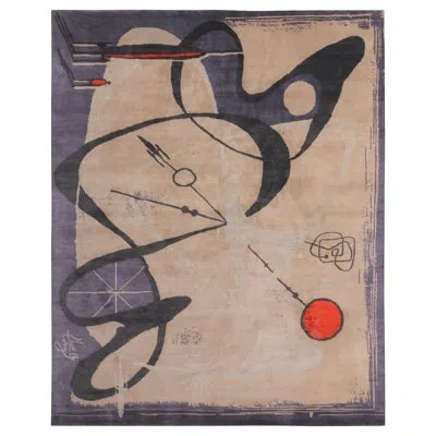 Rug & Kilim 's Mid-century Modern Pictorial Geometric Beige Black And Blue Wool And Silk Custom Rug In Blue;black;beige;orange