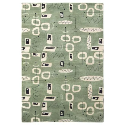 Pre-owned Rug & Kilim 's Mid-century Modern Rug In Green And White Geometric Patterns