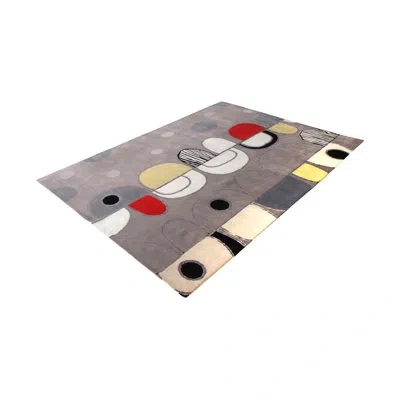 Rug & Kilim 's Mid-century Modern Rug In Silver-gray With Geometric Patterns In Black;red;white;silver;gray