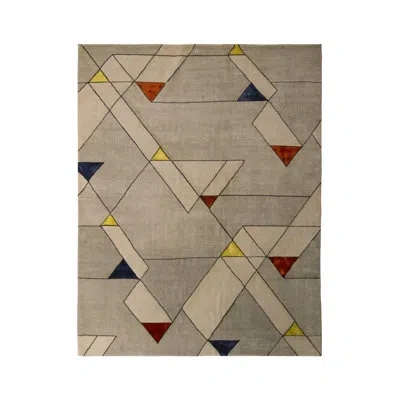 Rug & Kilim Mid-century Modern Rug Silver-gray Geometric Pattern In Brown;beige;yellow;green