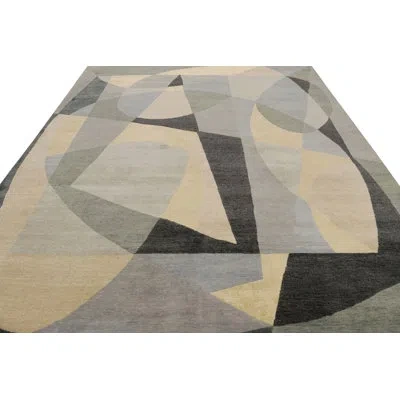 Rug & Kilim 's Mid-century Modern Rug With Gray & Cream Geometric Patterns In Blue;black;gray;cream