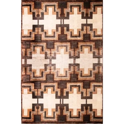 Rug & Kilim Mid-century Modern Style Contemporary Brown And White Wool-silk Rug