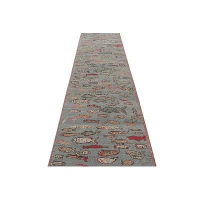 Rug & Kilim 's Mid-century Style Rug In Blue With Colorful Fish Pictorials In Blue;brown;red;beige;pink;gray